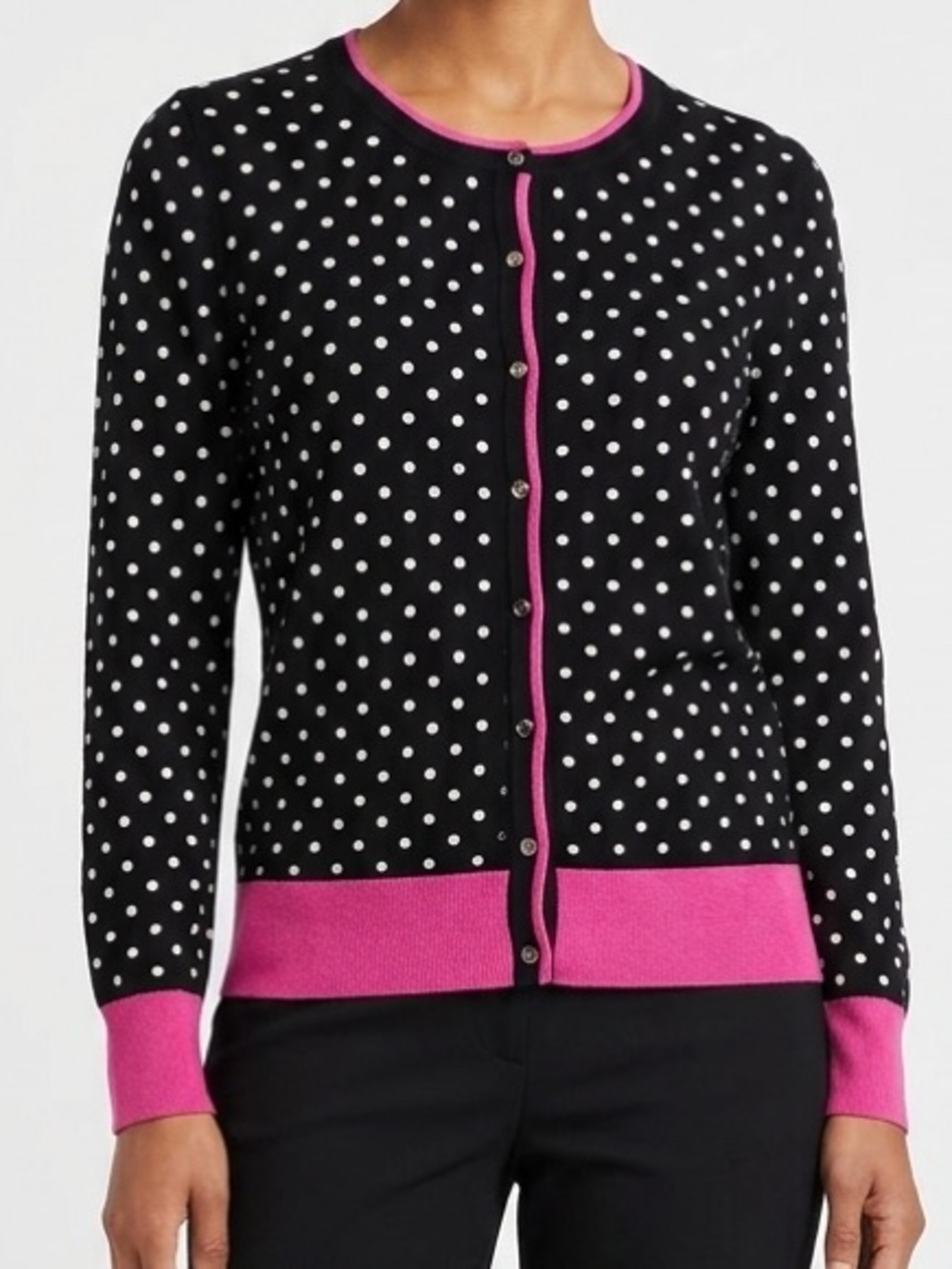 GNW Black Cardigan with White Dots and Pink Accents